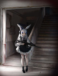 Rule 34 | apron, assault rifle, bare legs, bench, black apron, black footwear, black hairband, black ribbon, black socks, bow, bowtie, checkered bow, checkered clothes, closed mouth, commentary request, cross hair ornament, door, dress, expressionless, facial mark, facial tattoo, floor, foregrip, frilled dress, frills, girls&#039; frontline, green eyes, gun, h&amp;k hk416, hair ornament, hair ribbon, hairband, hat, highres, hk416 (girls&#039; frontline), holding, holding weapon, indoors, long sleeves, looking at viewer, neck ribbon, official alternate costume, pleated dress, purple bow, purple headwear, reflex sight, ribbon, rifle, riinougat, scope, shoes, silver hair, socks, solo, stairs, stairwell, standing, suppressor, tattoo, teardrop, teardrop tattoo, tile floor, tiles, two-tone bow, waist apron, wall, weapon, white bow, white dress, aged down