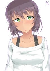 Rule 34 | 10s, 1girl, absurdres, artist name, brown hair, casual, commentary, dark-skinned female, dark skin, girls und panzer, green eyes, head tilt, highres, hoshino (girls und panzer), kshimu, long sleeves, looking at viewer, one-hour drawing challenge, open mouth, shirt, shirt straps, short hair, signature, simple background, solo, standing, upper body, white background, white shirt