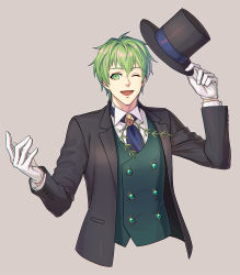 Rule 34 | 1boy, commentary request, david (fate), fate/grand order, fate (series), formal, gloves, green eyes, green hair, hat, holding, long sleeves, looking at viewer, male focus, one eye closed, open mouth, short hair, smile, zanshi