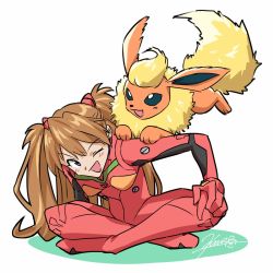 Rule 34 | 1girl, artist request, blue eyes, bodysuit, breasts, brown hair, creatures (company), crossed legs, crossover, flareon, game freak, gen 1 pokemon, highres, jumping, long hair, looking at another, looking at viewer, neon genesis evangelion, nintendo, plugsuit, pokemon, pokemon (creature), shiny clothes, sitting, smile, souryuu asuka langley, twintails, two side up, very long hair