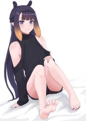 Rule 34 | 1girl, absurdres, bare shoulders, barefoot, black shorts, blue eyes, blunt bangs, blush, feet, hair ornament, half updo, hand on own knee, highres, hololive, hololive english, kuon bb, long hair, looking at viewer, mole, mole under eye, multicolored hair, nail polish, ninomae ina&#039;nis, orange hair, pointy ears, purple eyes, purple hair, short shorts, shorts, simple background, smile, soles, solo, sweater, tentacles, toenail polish, toenails, toes, very long hair, virtual youtuber, white background