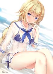 Rule 34 | 1girl, bikini, blonde hair, blue eyes, braid, breasts, cleavage, commentary request, dress, dutch angle, fate/apocrypha, fate (series), jeanne d&#039;arc (fate), jeanne d&#039;arc (ruler) (fate), kaetzchen, large breasts, long hair, navel, nervous smile, sailor dress, see-through, single braid, sleeves past elbows, smile, solo, swimsuit, wet, wet clothes