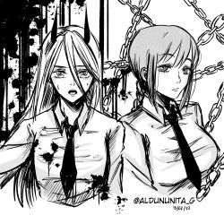 2girls absurdres aldununita_g blood blood_splatter braid braided_ponytail breasts chain chainsaw_man commentary_request cross-shaped_pupils dated highres horns long_hair makima_(chainsaw_man) medium_breasts multiple_girls necktie power_(chainsaw_man) ringed_eyes sharp_teeth sidelocks small_breasts spanish_commentary sweat symbol-shaped_pupils teeth twitter_username