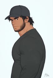 Rule 34 | 1boy, asgar (youtian), bara, baseball cap, beard stubble, black hair, black shirt, dark-skinned male, dark skin, expressionless, facial hair, hat, highres, ji peng gou you, large pectorals, looking at another, looking to the side, male focus, mature male, muscular, muscular male, pectorals, shirt, short hair, solo, stubble, t-shirt, thick eyebrows, thick neck, tight clothes, tight shirt, turning head, upper body, white background, youtian (youtiange)