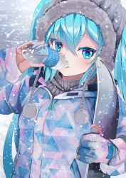 Rule 34 | 1girl, absurdres, aqua eyes, aqua hair, bottle, coat, commentary, drawstring, drink, drinking, fur-trimmed hood, fur trim, gloves, hatsune miku, highres, holding, holding bottle, holding drink, hood, long hair, pocari sweat, snowboard, snowing, solo, takepon1123, triangle print, twintails, upper body, very long hair, vocaloid, winter