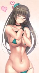 Rule 34 | 10s, 1girl, adapted costume, bare arms, bare shoulders, beret, bikini, black gloves, blunt bangs, blush, breasts, brown hair, choker, choukai (kancolle), cleavage, closed mouth, collarbone, covered erect nipples, cowboy shot, eyebrows, glasses, gloves, green bikini, green hat, groin, hand on own chest, hand on own shoulder, hat, hat ribbon, head tilt, heart, kantai collection, large breasts, long hair, looking at viewer, micro bikini, navel, orange background, red eyes, red ribbon, ribbon, rimless eyewear, shiny skin, simple background, skindentation, smile, solo, standing, stomach, swimsuit, tareme, thighs, untue, very long hair