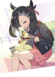 Rule 34 | 1girl, backpack, bag, black hair, black jacket, black nails, bush, cheek pinching, coffee cup, commentary request, creatures (company), cup, disposable cup, dress, eating, fence, food, game freak, gen 8 pokemon, green eyes, hair over one eye, hair ribbon, highres, jacket, kin niku, looking at another, marnie (pokemon), morpeko, nail polish, nintendo, on lap, open mouth, pinching, pink dress, pokemon, pokemon (creature), pokemon on lap, pokemon swsh, ribbon, short dress, sitting, smile, stretching cheeks, twintails