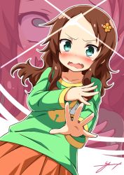 Rule 34 | 1girl, aqua eyes, blush, brown hair, commentary request, crazy smile, flower, forehead, from below, green sweater, hair flower, hair ornament, highres, kobayashi-san chi no maidragon, long hair, long sleeves, looking at viewer, looking down, multiple views, nose blush, open mouth, orange skirt, parted bangs, saikawa riko, sidelocks, signature, skirt, smile, spread fingers, sweater, ugume, v-shaped eyebrows, wavy mouth, zoom layer