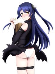 Rule 34 | 1girl, alternate hairstyle, artist name, artist request, bag, baozi, bare legs, bare shoulders, black skirt, blue hair, blush, breasts, brown bag, brown eyes, cosplay, female focus, floating hair, food, from behind, grocery bag, hair between eyes, highres, holding, holding food, long hair, looking at viewer, looking back, love live!, love live! school idol project, miniskirt, nail polish, panties, parted lips, pink nails, pink nails, plaid, plaid skirt, pleated, pleated skirt, shopping bag, skirt, smile, solo, sonoda umi, twintails, underwear, v-shaped eyebrows, wavy hair, white background, white panties, yellow eyes
