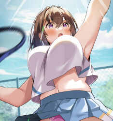 Rule 34 | 1girl, blue skirt, blue sky, breasts, chain-link fence, cloud, cloudy sky, crop top, crop top overhang, day, fence, hawawa-chan (shiro kuma shake), highres, holding, holding racket, large breasts, open mouth, original, panties, pink panties, playing sports, racket, shiro kuma shake, skirt, sky, sleeveless, solo, sportswear, tennis racket, tennis uniform, two-tone shirt, underwear