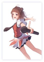 Rule 34 | 1girl, :d, absurdres, ahoge, black neckerchief, black skirt, blush, brown eyes, brown hair, double bun, feet out of frame, hair bun, highres, holding, holding microphone, kantai collection, microphone, naka (kancolle), neckerchief, open mouth, outstretched arms, pleated skirt, rankebu, sailor collar, school uniform, serafuku, short hair, short sleeves, simple background, skirt, smile, solo, white background, white sailor collar