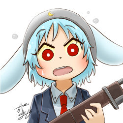 Rule 34 | 1girl, animal ears, animal nose, profile picture, blue hair, chamaji, collared shirt, commentary, gun, hat, holding, holding gun, holding weapon, jacket, light blue hair, looking at viewer, lowres, moon print, necktie, open mouth, rabbit ears, red eyes, red necktie, reisen, rifle, shirt, short hair, signature, solo, sweatdrop, touhou, weapon, white background