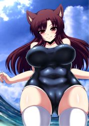 Rule 34 | 1girl, animal ears, breasts, breasts apart, brown hair, cameltoe, competition school swimsuit, fang, fang out, fingernails, highres, imaizumi kagerou, long hair, looking at viewer, one-piece swimsuit, red eyes, school swimsuit, sharp fingernails, shirakawa mey, smile, solo, swimsuit, thighhighs, touhou, white thighhighs, wolf ears