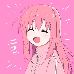 Rule 34 | 1girl, :d, ^ ^, blush, bocchi the rock!, closed eyes, facing viewer, gotoh hitori, hair between eyes, happy, highres, jacket, long hair, looking at viewer, one side up, open mouth, pink background, pink hair, pink jacket, smile, solo, take shinobu, track jacket, upper body
