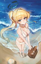 Rule 34 | 1girl, absurdres, alternate costume, apopo, aura, ball, basket, beach, beachball, bikini, blonde hair, blue archive, bread, breasts, cleavage, food, from above, halo, highres, holding, holding basket, medium breasts, multicolored hair, ocean, outdoors, picnic basket, solo, swimsuit, toki (blue archive), two-tone hair, white bikini