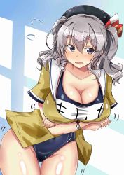 Rule 34 | 10s, 1girl, alternate costume, beret, blush, breasts, chan (akuty ikkot), character name, cleavage, embarrassed, flying sweatdrops, hair between eyes, hat, highres, kantai collection, kashima (kancolle), large breasts, long hair, looking at viewer, new school swimsuit, one-piece swimsuit, open mouth, school swimsuit, shiny skin, silver hair, solo, swimsuit, swimsuit under clothes, thigh gap, thighs, wavy hair, wavy mouth
