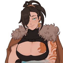 Rule 34 | 1girl, aqua eyes, arm tattoo, black gloves, black hair, breast tattoo, breasts, cleavage cutout, clothing cutout, crossed arms, dangle earrings, earrings, fur collar, genderswap, genderswap (mtf), gloves, hair over one eye, high ponytail, highres, holostars, holostars english, inchells, jacket, jacket on shoulders, jewelry, josuiji shinri, large breasts, lips, looking to the side, medium hair, muscular, muscular female, sketch, smile, solo, tattoo, upper body, virtual youtuber