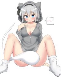 Rule 34 | 1girl, alternate costume, animal hood, ass, black hairband, blue eyes, blush, bottomless, breasts, cat hood, cleavage, convenient censoring, full body, ghost, grey hair, grey hoodie, hairband, highres, hood, hoodie, konpaku youmu, konpaku youmu (ghost), looking at viewer, medium breasts, open mouth, short hair, simple background, sitting, socks, solo, spoken blush, sweat, touhou, white background, white socks, youmu-kun