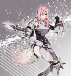Rule 34 | 1girl, aiming, aiming at viewer, armor, armored leotard, asymmetrical hair, belt, feathers, final fantasy, final fantasy xiii, final fantasy xiii-2, greaves, gunblade, highres, lightning farron, looking at viewer, pink hair, pointing weapon, r3dfive, serious, shield, solo, weapon
