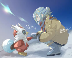 Rule 34 | 1boy, artist name, blind, blue eyes, blue hair, blue mittens, blue pants, blue scarf, boots, closed mouth, coat, creatures (company), day, eyelashes, game freak, gopan (pkghnman), grusha (pokemon), hair bun, highres, holding hands, iron bundle, long hair, long sleeves, looking at another, mittens, multicolored hair, nintendo, notice lines, open mouth, outdoors, pants, parted bangs, pokemon, pokemon (creature), pokemon sv, red scarf, scarf, sidelocks, signature, single hair bun, smile, snow, squatting, streaked hair, striped clothes, striped scarf, swept bangs, white footwear, yellow coat