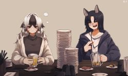 Rule 34 | 2girls, absurdres, alcohol, animal ears, arknights, bead bracelet, beads, beer, beer mug, black hair, black hoodie, black shirt, blouse, blush, bracelet, brown background, cardigan, chopsticks, closed eyes, closed mouth, commentary, cup, dog ears, drunk, facial mark, fish (food), food, forehead mark, highres, holding, holding food, hood, hoodie, if f, jewelry, lanyard, light blush, long hair, long sleeves, mug, multiple girls, nigirizushi, open cardigan, open clothes, open mouth, orange eyes, plate, plate stack, saga (arknights), shirt, simple background, smile, snowsant (arknights), soy sauce, squeans, sushi, table, teeth, turtleneck, upper teeth only, white cardigan, white hair