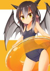 Rule 34 | 1girl, blush, cameltoe, clam shell (ole tower), demon wings, dosu (doseven), highres, horns, innertube, ole tower, one-piece swimsuit, pointy ears, school swimsuit, smile, solo, standing, swim ring, swimsuit, wings, yellow eyes