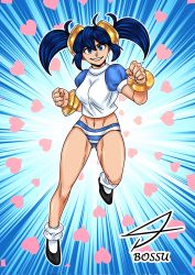 Rule 34 | 1girl, artist request, black hair, blue panties, blush, bracelet, breasts, emphasis lines, erika-chan, fighting stance, full body, highres, jewelry, long hair, medium breasts, midriff, navel, original, panties, puffy sleeves, revealing clothes, scrunchie, shirt, short sleeves, simple background, striped clothes, striped panties, twintails, underwear, white shirt, wide hips, zoom layer