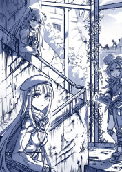 Rule 34 | 2others, 3girls, against railing, armband, assault rifle, beret, blunt bangs, blush stickers, broken glass, broken window, bullet hole, bullpup, caseless firearm, chinese commentary, claw mark, closed mouth, club hair ornament, commentary request, g11 (girls&#039; frontline), girls&#039; frontline, glass, greyscale, gun, h&amp;k g11, h&amp;k hk416, hair between eyes, hair ornament, hair ribbon, hairclip, hat, highres, hk416 (girls&#039; frontline), holding, holding gun, holding weapon, hood, hooded jacket, indoors, jacket, knee pads, long hair, long sleeves, looking at viewer, looking back, monochrome, multiple girls, multiple others, open mouth, plant, railing, ribbon, rifle, ruins, shoes, smile, sneakers, stairs, stairwell, standing, su xiao jei, twintails, ump9 (girls&#039; frontline), vines, weapon