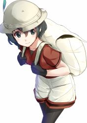 Rule 34 | 10s, 1girl, akasaai, backpack, bag, black gloves, black hair, black pantyhose, breasts, bucket hat, commentary request, cowboy shot, gloves, hair between eyes, hat, hat feather, highres, kaban (kemono friends), kemono friends, leaning forward, light smile, lips, looking to the side, pantyhose, red shirt, shirt, short hair, shorts, small breasts, solo, wavy hair