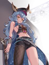 Rule 34 | 1girl, animal ears, arms behind back, bare shoulders, bell (angelicalary), black hat, black shorts, blue hair, breasts, cape, chain, commentary request, crop top, curly hair, earrings, erune, ferry (granblue fantasy), fishnet top, fishnets, from below, gold chain, granblue fantasy, grin, guitar, hair between eyes, hat, highres, hip focus, instrument, jewelry, long hair, looking at viewer, looking down, medium breasts, midriff, navel, necklace, no bra, short shorts, shorts, sideboob, single earring, single fishnet legwear, sleeveless, small breasts, smile, solo, stage lights, thighs, very long hair, yellow eyes