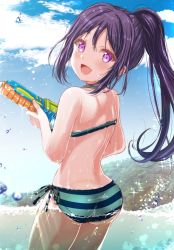 Rule 34 | 1girl, ass, bad id, bad pixiv id, bikini, blue hair, commentary request, cowboy shot, from behind, fushimi asuha, highres, long hair, looking at viewer, looking back, love live!, love live! sunshine!!, matsuura kanan, partially submerged, ponytail, purple eyes, side-tie bikini bottom, solo, striped bikini, striped clothes, super soaker, swimsuit, underwater, water, water gun