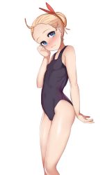 Rule 34 | 1girl, abigail williams (fate), ahoge, alternate costume, alternate hair length, alternate hairstyle, bare shoulders, black one-piece swimsuit, blonde hair, blue eyes, blush, breasts, closed mouth, collarbone, covered navel, fate/grand order, fate (series), female focus, forehead, hair bun, hair ribbon, hand on own face, hand up, head tilt, highres, looking at viewer, nose blush, one-piece swimsuit, panapana (pixiv 12562150), red ribbon, ribbon, ribs, shiny skin, short hair, simple background, single hair bun, small breasts, solo, standing, swimsuit, white background