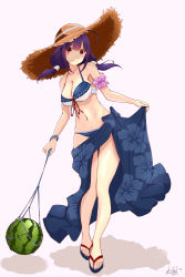 Rule 34 | 1girl, absurdres, ahoge, alternate costume, arm scrunchie, bikini, blue bikini, blush, breasts, cleavage, closed mouth, clothes lift, food, fruit, full body, greek toe, hair flaps, hair ornament, hat, highres, kantai collection, large breasts, lifting own clothes, long hair, looking at viewer, low twintails, neve (morris-minicooper), one eye closed, purple hair, red eyes, sandals, sarong, sarong lift, sidelocks, signature, simple background, smile, solo, standing, straw hat, swimsuit, taigei (kancolle), toes, twintails, watermelon, white background