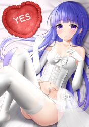 Rule 34 | 1girl, absurdres, bare shoulders, bed, bed sheet, blue hair, blunt bangs, blush, bow, breasts, bridal legwear, bridal lingerie, bride, closed mouth, collarbone, commission, corset, elbow gloves, frilled pillow, frills, furude rika, garter belt, garter straps, gloves, heart, heart-shaped pillow, highres, higurashi no naku koro ni, hime cut, jewelry, lace, lace-trimmed legwear, lace trim, lingerie, long hair, looking at viewer, lying, midriff, navel, nyanyanoruru, on back, on bed, panties, pillow, pixiv commission, purple eyes, raised eyebrows, ring, see-through, small breasts, solo, thighhighs, underwear, wedding ring, white corset, white gloves, white panties, white thighhighs, yes