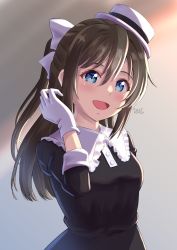Rule 34 | 1girl, :d, black dress, blue eyes, blurry, blurry background, boater hat, brown hair, commentary, dress, gloves, grey background, hair between eyes, half updo, hand up, hat, highres, long hair, looking at viewer, love live!, love live! nijigasaki high school idol club, mini hat, open mouth, osaka shizuku, sidelighting, sleeves rolled up, smile, solo, sugi (sugi03aurus), tucking hair, two-tone background, upper body, white gloves, white hat