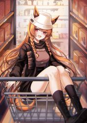 Rule 34 | 1girl, :d, absurdres, animal ears, arknights, black footwear, black jacket, black shorts, black socks, boots, box, braid, brown bag, brown hair, brown shirt, bucket hat, cardboard box, ceobe (arknights), ceobe (unfettered) (arknights), dog ears, dog girl, dog tail, ears through headwear, full body, hat, highres, in cart, jacket, long hair, looking at viewer, mumei (wocai guwozai), official alternate costume, open clothes, open jacket, open mouth, pouch, red eyes, shelf, shirt, shop, shopping cart, shorts, side braids, sitting, smile, socks, solo, tail, white hat
