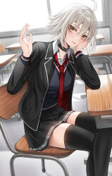 Rule 34 | 1girl, absurdres, ahoge, blush, breasts, chair, desk, fate/grand order, fate (series), grey hair, highres, jeanne d&#039;arc alter (avenger) (fate), jeanne d&#039;arc alter (fate), large breasts, long sleeves, looking at viewer, nano (syoutamho), open mouth, school desk, school uniform, short hair, skirt, smile, solo, yellow eyes