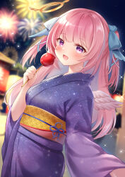 Rule 34 | 1girl, :d, blue ribbon, blush, commentary request, commission, fireworks, food, hair ribbon, halo, highres, holding, holding food, indie virtual youtuber, japanese clothes, kimono, long hair, looking at viewer, mashiro mayu, night, night sky, nikoo, obi, official art, open mouth, outdoors, pink hair, pixiv commission, purple eyes, purple kimono, ribbon, sash, sky, smile, solo, star (sky), starry sky, summer festival, two side up, virtual youtuber, white wings, wings, yellow halo, yukata