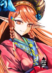 Rule 34 | 1girl, blue flower, braid, breasts, commentary request, dated, eyeshadow, flower, helck, highres, japanese clothes, kimono, large hat, long hair, makeup, pointy ears, red eyes, red hair, red kimono, sash, simple background, small breasts, smile, solo, tsukaasa, twin braids, vermilio (helck), very long hair, white background
