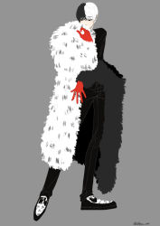 Rule 34 | 101 dalmatians, 1boy, absurdres, adapted costume, coat, cosplay, covered mouth, cruella de vil, cruella de vil (cosplay), formal, fur coat, gloves, grey background, highres, looking away, male focus, multicolored hair, offgyawa 0201, red gloves, simple background, solo, suit, twitter username, yoshizawa ryou