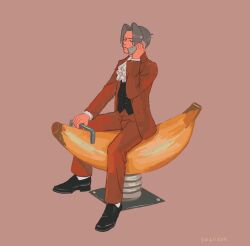 Rule 34 | 1boy, 23011620x, ace attorney, ascot, banana, black footwear, black vest, closed eyes, closed mouth, food, formal, fruit, full body, grey hair, hair intakes, highres, holding, holding phone, jacket, long sleeves, male focus, miles edgeworth, pants, phone, red jacket, red pants, red suit, shoes, short hair, simple background, sitting, solo, spring rider, suit, talking on phone, vest