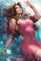 Rule 34 | 1girl, aerith gainsborough, artist name, banned artist, bow, bracelet, breasts, brown hair, cleavage, cropped jacket, dress, final fantasy, final fantasy vii, floating hair, flower, green eyes, hair bow, hair intakes, jacket, jewelry, long hair, looking up, lying, medium breasts, on back, open clothes, open jacket, parted lips, pink bow, pink dress, red jacket, sakimichan, short dress, short sleeves, signature, sleeveless, sleeveless dress, solo, spaghetti strap, sundress, very long hair, watermark, white flower