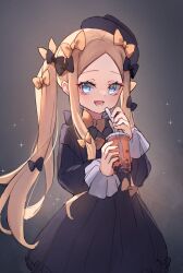 Rule 34 | 1girl, abigail williams (fate), black bow, black dress, black gloves, black hat, blonde hair, blue eyes, blush, bow, breasts, bubble tea, cup, disposable cup, dress, drinking straw, fate/grand order, fate (series), forehead, gloves, hair bow, hat, highres, long hair, long sleeves, looking at viewer, miya (miyaruta), multiple hair bows, open mouth, orange bow, parted bangs, sidelocks, small breasts, smile, solo, twintails