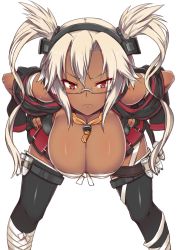 Rule 34 | 10s, 1girl, bandages, bent over, black gloves, blonde hair, breasts, cleavage, closed mouth, dark-skinned female, dark skin, frown, glasses, gloves, hands on own hips, hanging breasts, headgear, kadokawa shoten, kantai collection, kuroshiro gurei, large breasts, leaning forward, long hair, looking at viewer, looking over eyewear, miniskirt, musashi (kancolle), pointy hair, red eyes, semi-rimless eyewear, simple background, skirt, solo, thighhighs, tsurime, twintails, two side up, under-rim eyewear, white background, zettai ryouiki