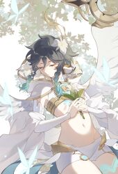 Rule 34 | 1boy, androgynous, angel wings, animal, animal on shoulder, aqua hair, bird, bird on shoulder, black hair, chest tattoo, closed eyes, closed mouth, feathered wings, flower, genshin impact, hair flower, hair ornament, highres, holding, holding flower, hood, hood down, leaf, leg tattoo, male focus, maomaoyu, multicolored hair, official alternate costume, shirt, shorts, solo, tattoo, venti (archon) (genshin impact), venti (genshin impact), white flower, white shirt, white shorts, white wings, wings