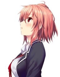 Rule 34 | 10s, 1girl, :o, ahoge, akino sora, asymmetrical hair, black jacket, blush, collared shirt, eyebrows, highres, jacket, long sleeves, looking afar, looking up, necktie, open clothes, open jacket, open mouth, original, profile, red eyes, red necktie, shirt, side ponytail, simple background, solo, upper body, white background, white shirt, wing collar, yahari ore no seishun lovecome wa machigatteiru., yuigahama yui