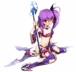 Rule 34 | 1girl, aisha landar, backlighting, bad id, bad pixiv id, bandeau, blush, boots, breasts, cleavage, crying, damaged, defeat, elsword, full body, hair half undone, hair ribbon, midriff, navel, no panties, poseich, purple eyes, purple footwear, purple hair, purple thighhighs, ribbon, sad, short hair, side ponytail, sitting, skirt, small breasts, solo, staff, tears, thighhighs, torn clothes, void princess, void princess (elsword), wariza, white background