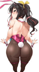 Rule 34 | 1girl, alternate costume, alternate hairstyle, animal ears, ass, back-seamed legwear, backboob, bad id, bad twitter id, bent over, black hair, blush, breasts, cropped, fake animal ears, from behind, green eyes, hair ribbon, highres, kantai collection, large breasts, leotard, long hair, looking at viewer, looking back, multicolored hair, naganami (kancolle), pantyhose, pink hair, playboy bunny, rabbit ears, rabbit tail, ribbon, seamed legwear, simple background, solo, standing, sweatdrop, tail, two-tone hair, unzipped, white background, wrist cuffs, yellow eyes, yellow ribbon, yoshi tama