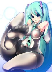 Rule 34 | 1girl, ahen, aqua eyes, aqua hair, breasts, censored, feet, female focus, foot focus, gradient background, hatsune miku, long hair, necktie, nipples, pantyhose, see-through, smell, solo, toe socks, toes, twintails, vocaloid, white background