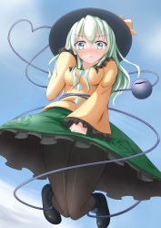 Rule 34 | 1girl, absurdres, alternate hair length, alternate hairstyle, ankle boots, aqua eyes, aqua hair, black pantyhose, blouse, blue sky, blush, boots, breasts, chocolatemint (0629gwcs), cloud, day, from below, frown, hand in own hair, hat, hat ribbon, heart, heart of string, highres, jumping, komeiji koishi, leaping, legs up, long hair, looking at viewer, medium breasts, pantyhose, ribbon, shirt, skirt, skirt hold, sky, solo, third eye, touhou, upskirt